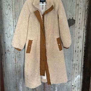 Cream Teddy Long Coat with Tan Trim